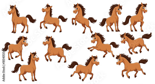 A charming collection of cartoon horses in various playful poses, perfect for children's themes