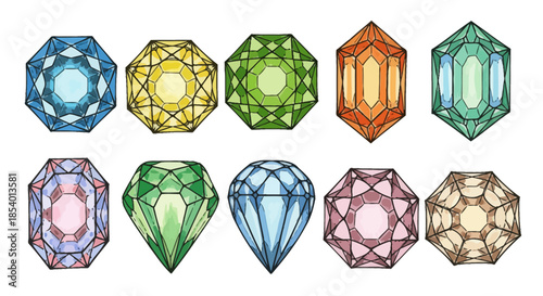 Collection of colorful faceted gemstones and jewels isolated on a white background