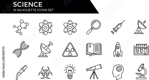 Science thin line icons set featuring laboratory research, chemistry, physics, biology, astronomy, innovation, education, and scientific experiment outline symbols