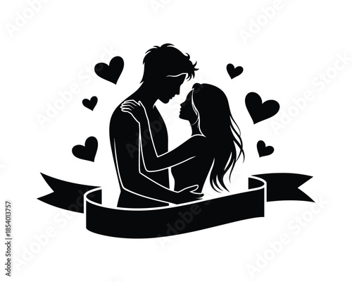 Romantic couple embracing with hearts and banner