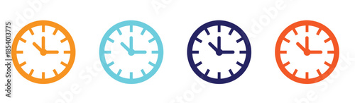 Set of four alarm clock icons in different artistic styles including hand-drawn scribble, simple outline, solid black silhouette, and a colorful flat cartoon vector ...