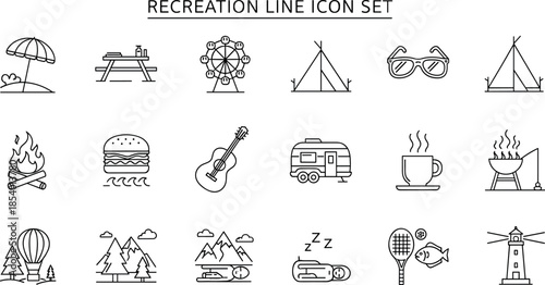 Recreation and outdoor leisure thin line icons set featuring camping, picnic, travel, music, food, adventure, relaxation, and vacation outline symbols