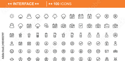 Interface thin line icons set with weather, calendar, camera, location, user, notification, status, and modern application outline symbols for web and mobile design