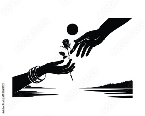 Hands exchanging a flower in silhouette against a white background