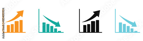 Set of growth graph vector icons. Business chart. Financial rise up. Increase profit.Colorful bar graph icons showing growth and decline trends.
