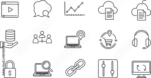 Modern technology and digital business line icon set with cloud storage, ecommerce, analytics, communication, security, media, and data symbols