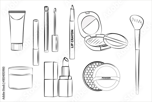 A collection of minimalist, black-and-white line drawings of various makeup products, including lipstick, cream, powder, mascara, and brushes, on a white background.