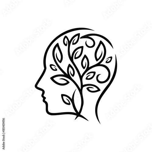 An illustration of a head with a tree inside, representing growth of thoughts. The image is a simple black and white design