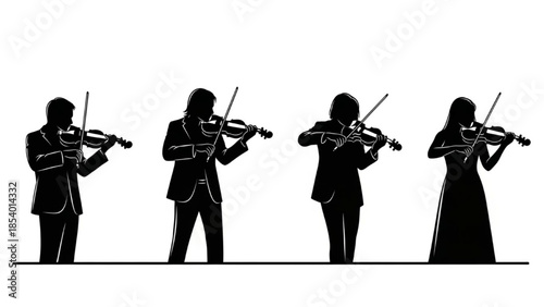 Black Violinist Silhouette Vector Showing Tuning Mid-Play Bow Up and Finishing Poses