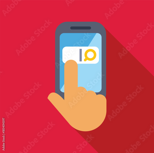 Hand tapping search button on a mobile phone screen, representing online searching and browsing