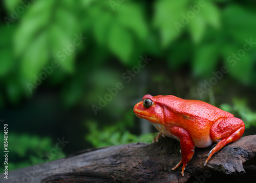 Bright red tomato frog resting on a log in lush rainforest surroundings, showcasing exotic amphibian beauty, tropical wildlife, and a popular pet frog species in natural habitat.