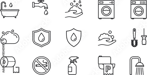 Hygiene and bathroom thin line icons set featuring washing, cleaning, sanitation, water usage, soap, toilet paper, laundry, and household safety outline symbols
