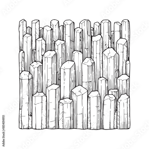 Abstract vertical line art pattern resembling basalt rock columns or tree bark. Black and white vector illustration with ink hatching texture, suitable for wallpaper, background, or fabric design.
