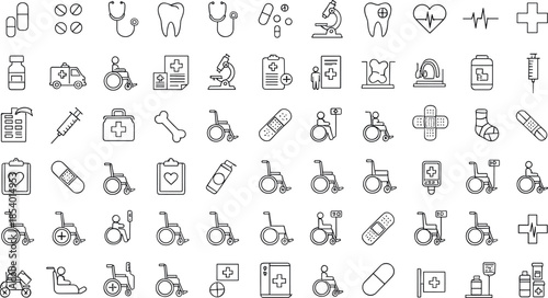 Medical and disability thin line icons set featuring healthcare, wheelchair access, hospital equipment, medicine, rehabilitation, emergency, and health service outline symbols