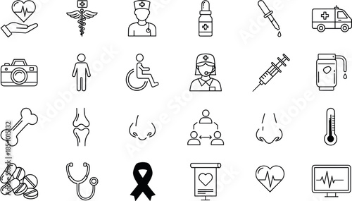 Medical and healthcare thin line icons set including doctor, nurse, patient, ambulance, medicine, anatomy, hospital, diagnosis, and health care outline symbols