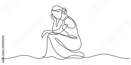 Continuous line art drawing of a thoughtful woman contemplating with a pensive expression