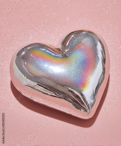 3D Holographic Chrome Heart on Pink Glitter Background