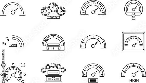 Speedometer and gauge thin line icons set showing performance, measurement, dashboard, meter, control, level indicators, and automotive or system monitoring symbols