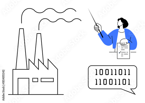 Factory emitting smoke next to a person presenting data with a pointer and binary code speech bubble. Ideal for industry, data literacy, technology, engineering, analysis, innovation, simple flat