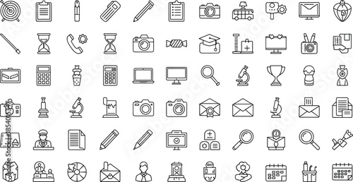 Education and office thin line icons set featuring study, school, business, communication, stationery, technology, awards, and professional outline symbols