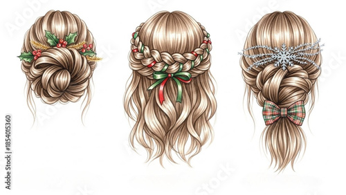 Christmas Hairstyle Fashion Illustration Set with Braided Buns Holiday Ribbons Holly Leaves and Snowflake Accessories