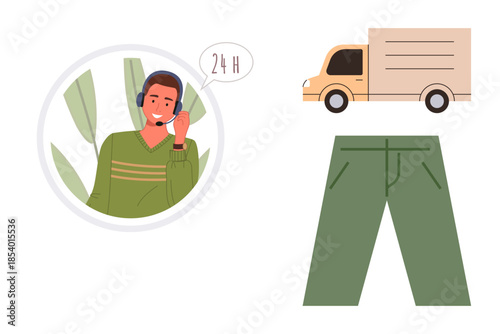 Male customer service agent with headset and 24H speech bubble. Beige delivery truck and green pants highlight shipping, clothing retail, and e-commerce. Ideal for delivery, shopping, fashion