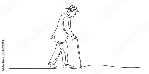 Continuous line art of an old man in a hat walking with a cane, symbolizing age