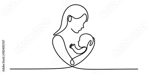 A mother cradling her newborn baby with tender love in a continuous line art style