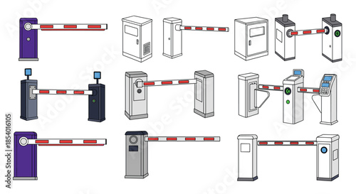 Comprehensive collection of parking barrier gates and turnstiles, illustrated in various styles from simple outlines to detailed colored designs.