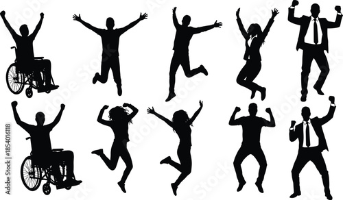 Celebration silhouettes, diverse people jumping, wheelchair inclusion, business success, teamwork, motivation, empowerment, diversity, happiness, victory, achievement, joy, unity