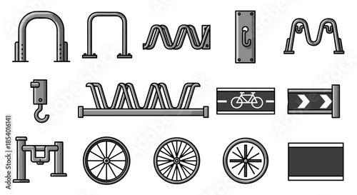 Monochrome icon set of various bicycle-related infrastructure and parts, including different types of bike racks, wheels, and a bike lane sign.
