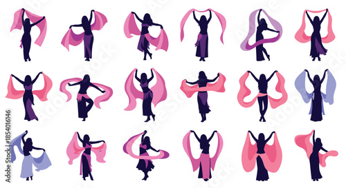 Exotic collection of belly dancer silhouettes in various poses, holding and moving with colorful veils, showcasing the graceful art form.