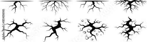 Various black vector illustrations of cracks, fractures, and destruction effects