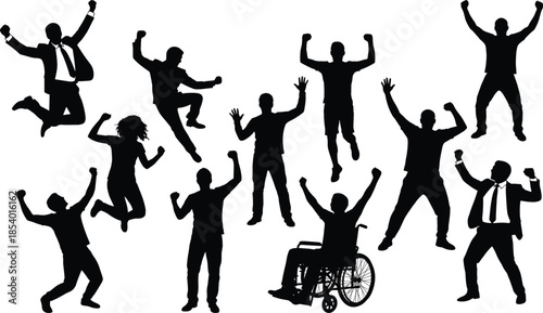 Celebration silhouettes, diverse people jumping, wheelchair inclusion, business success, teamwork, motivation, empowerment, diversity, happiness, victory, achievement, 