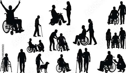 Disability silhouettes, wheelchair users, caregivers support, inclusive design, accessibility, diversity, compassion, assistance, inclusion, community, healthcare, mobility,