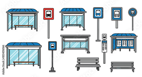 Collection of public transportation elements, including various styles of bus stops, shelters, benches, and signs, in a line art style.