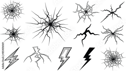 A collection of black vector illustrations featuring cracked glass and lightning bolts