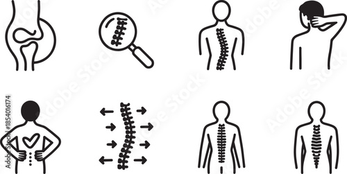 Orthopedic and chiropractic medicine icons showing spine flexibility and joint pain