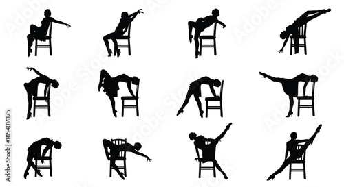 Artistic set of black silhouettes showing a female dancer performing a sensual and flexible routine with a chair as a prop.