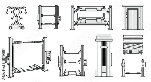 Technical line art illustrations of various types of industrial and garage lifts, including car lifts, scissor lifts, and elevators.