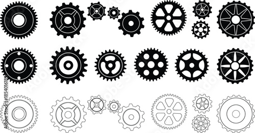 A large collection of various black and white gear and cog silhouettes and outline designs