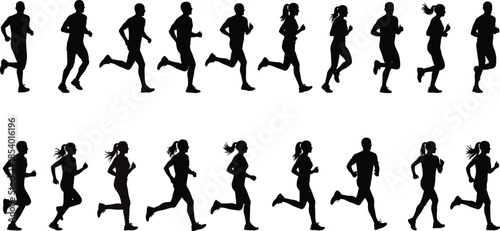 Collection of male and female running silhouettes demonstrating different phases of the stride