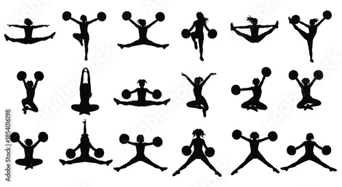 Energetic black silhouettes of cheerleaders in various jump and split poses, holding pom-poms, on a clean white background.
