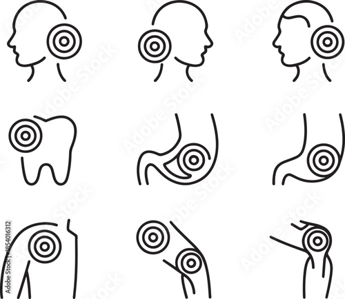 Simple linear icons representing aches and discomfort in human anatomy