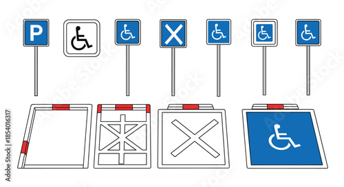 Set of accessible parking signs and stencils for disabled individuals, featuring the international wheelchair symbol on blue backgrounds.