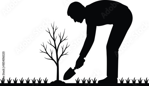 Gardening silhouette, person planting tree, environmental care, horticulture, outdoor work, sustainability, nature, growth, ecology, conservation, farming, agriculture, landscape, 