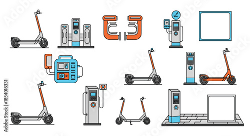 Set of electric scooter sharing and charging station icons, illustrating modern urban mobility solutions with docks and payment terminals.