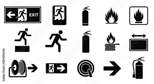Essential fire safety and emergency exit icon set in black silhouette, including exit signs, fire extinguishers, and running person symbols.