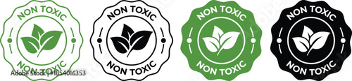 Non Toxic Eco Friendly Leaf Badge Icons Set in Green and Black Vector Design