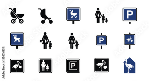 Collection of parking signs and icons for families with children and expectant mothers, including stroller and stork symbols for reserved spaces.